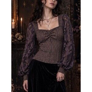 🔥Whimsigoth Floral Lace Top Blouse Violet Silhouette Sweater Motif Boho Emo M